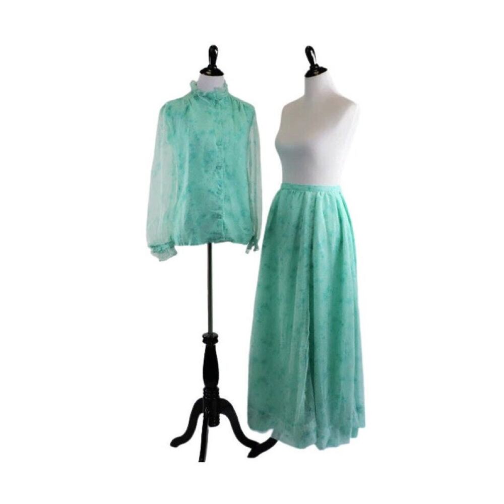 Vintage 70s Seafoam Chiffon Floral Print Blouse and Skirt 2 Piece Set Large